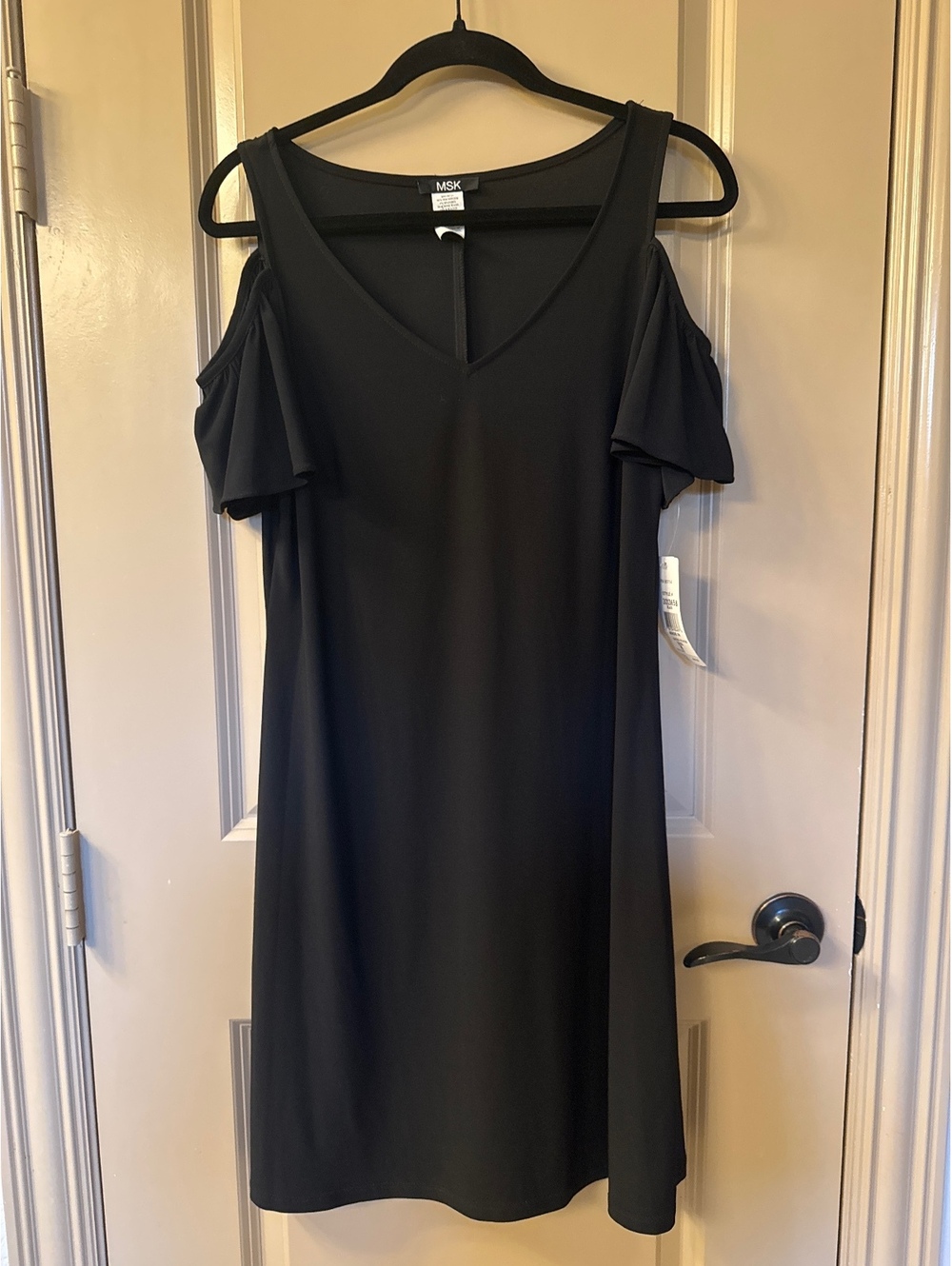 MSK Black Cold Shoulder Midi Dress with V-Neck, Size Large